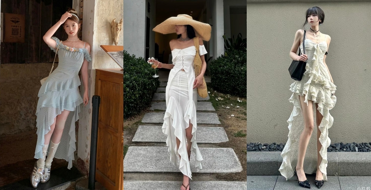 Váy thác nước có thiết kế đặc trưng với phần gấu không bằng phẳng, tạo ra hiệu ứng lớp vải rủ xuống, uyển chuyển như dòng nước. Điểm mấu chốt của dáng váy này là kỹ thuật cắt vải sao cho tạo ra những đường lượn sóng tự nhiên. Đa phần mẫu váy này có vai mềm, mỏng, vạt trước ngắn hơn vạt sau hoặc có các dải vải đổ dọc hai bên hông, tạo cảm giác kéo dài đôi chân.