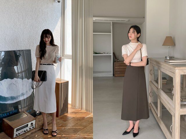 Áo thun là lựa chọn đơn giản khi phối với chân váy suông. Sự kết hợp này mang lại cảm giác trẻ trung, dễ mặc và không lỗi mốt. Chỉ cần sơ vin nhẹ, outfit đã gọn gàng hơn, phù hợp cho các hoạt động thường ngày.