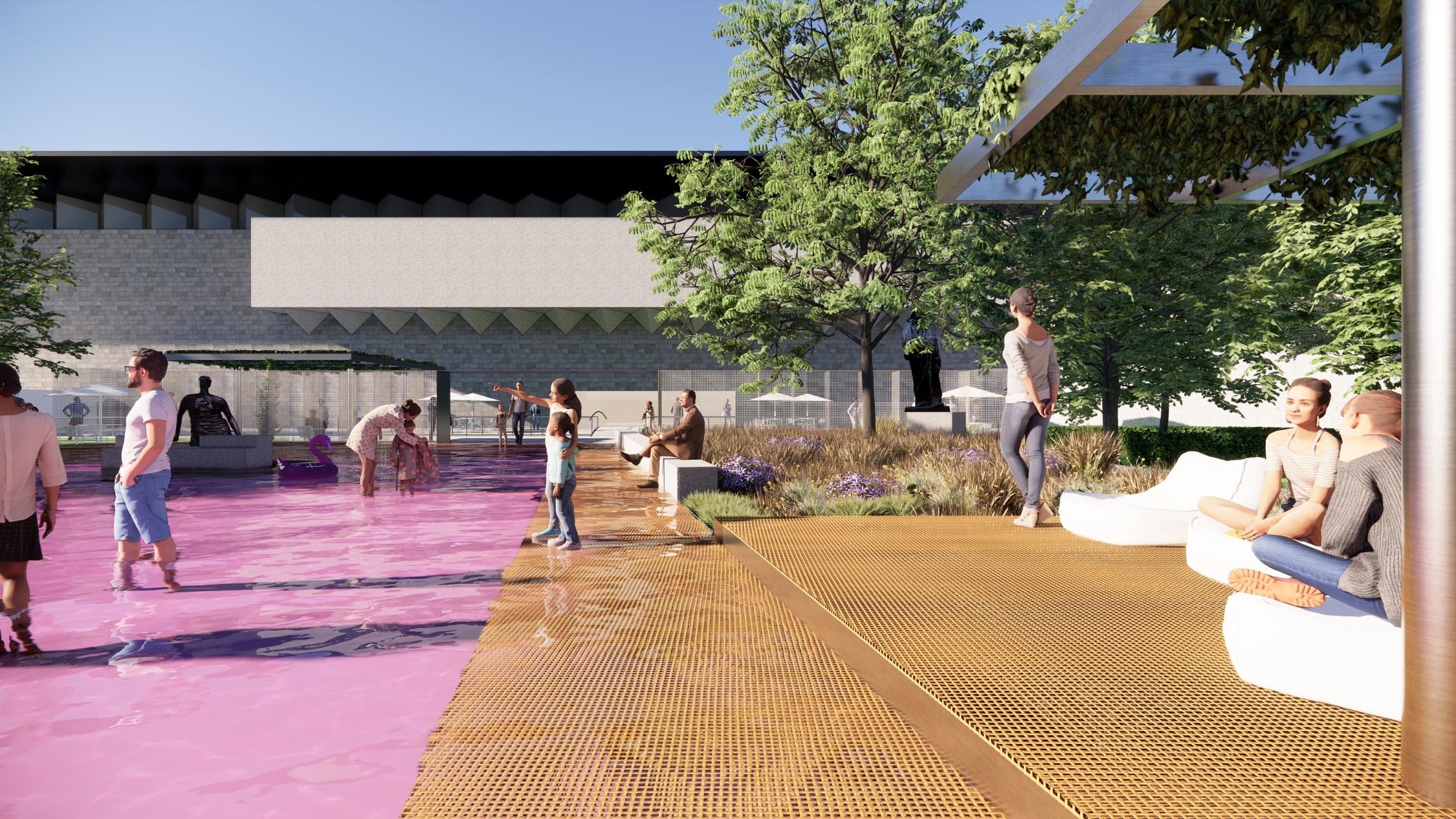 An artist's render of a large, ankle-deep pink pool in the NGV's sculpture garden. People wade through the pool, while others sit on white, modern seats next to it.