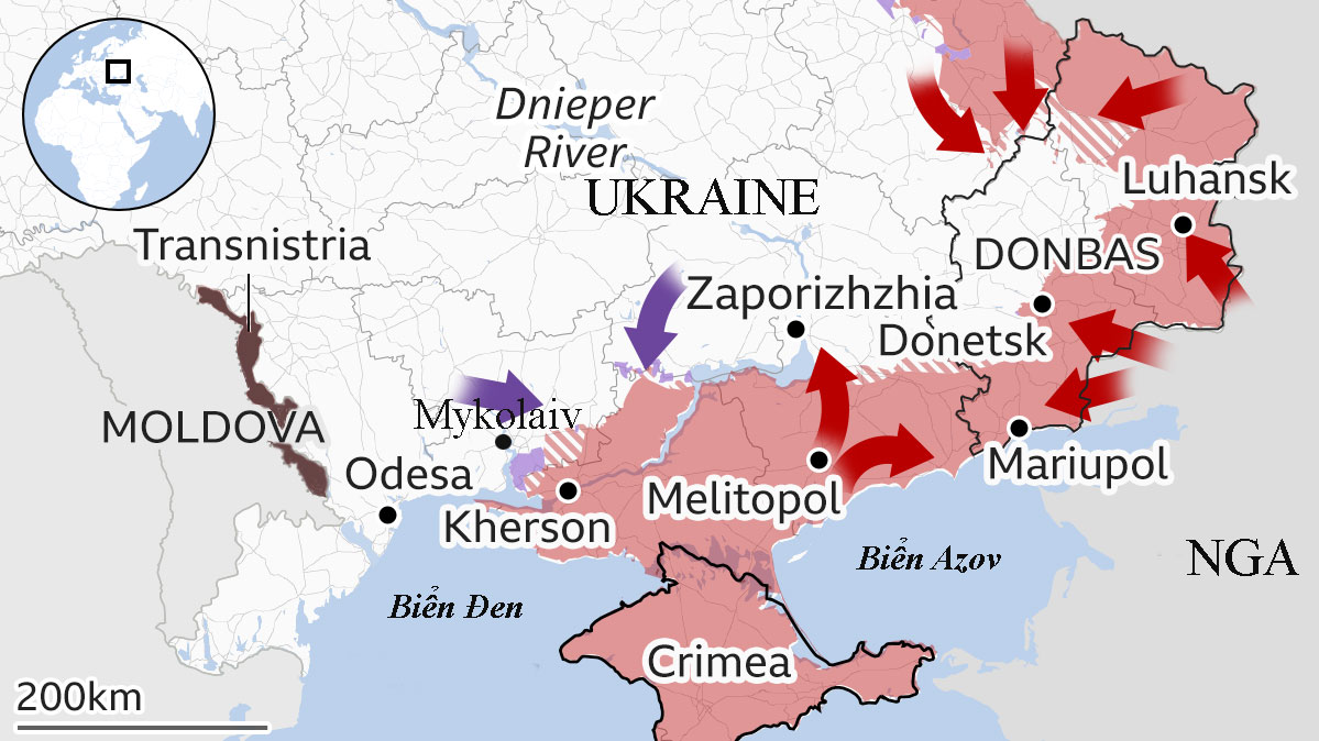 Các khu vực Nga kiểm soát ở miền đông và miền nam Ukraine. Đồ họa: BBC.