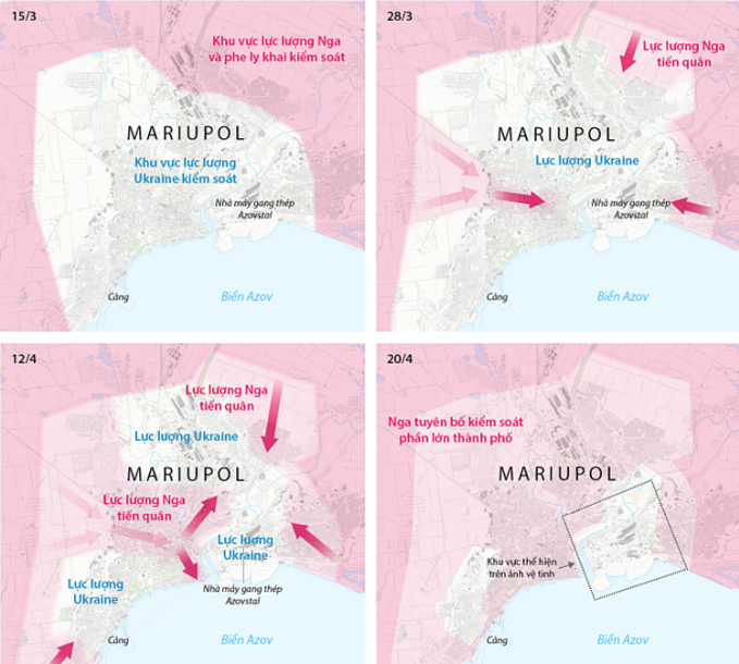 Hơn một tháng lực lượng Nga vây ép Mariupol. Bấm vào hình để xem chi tiết.