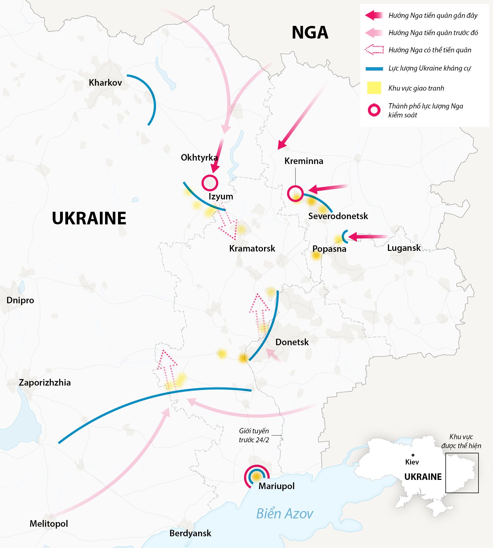 Hướng thọc sâu của Nga ở miền đông Ukraine. Bấm vào hình để xem chi tiết.