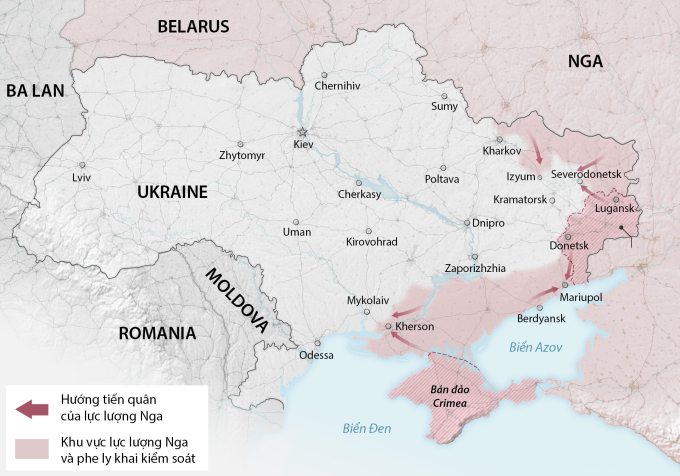 Cục diện chiến sự Ukraine sau 11 tuần giao tranh. Đồ họa:Washington Post.