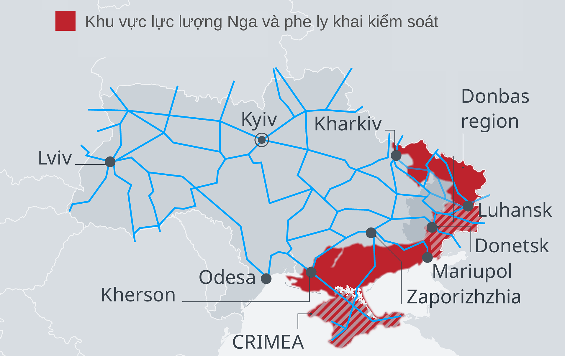 Mạng lưới đường sắt tại Ukraine tính đến 3/5. Đồ Họa: OSM.