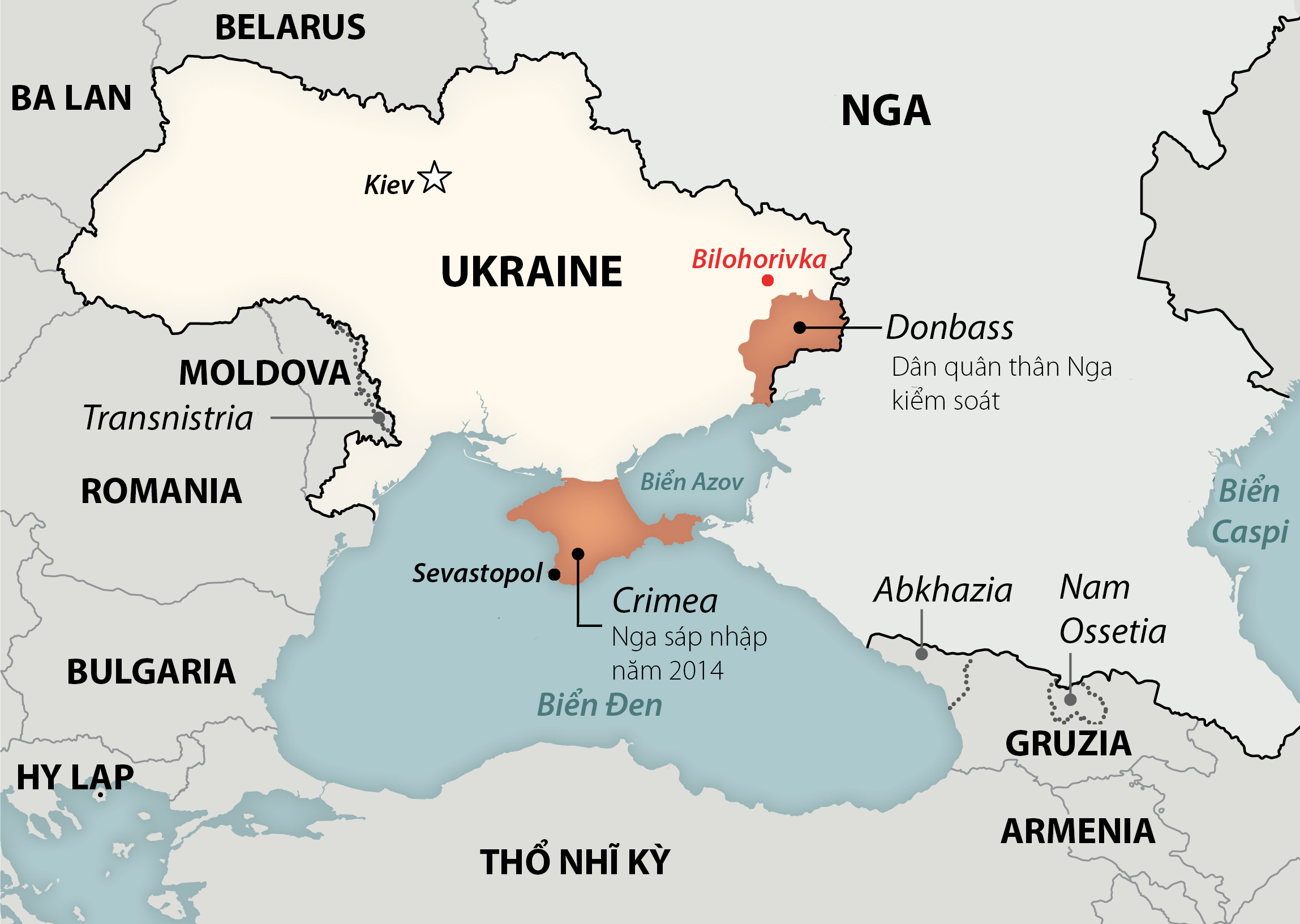 Vị trí khu dân cư Bilohorivka ở tỉnh Lugansk, Ukraine. Đồ họa: Washington Post.