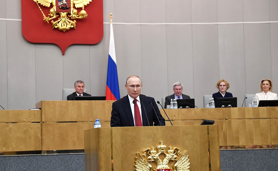Tổng thống Nga Vladimir Putin phát biểu trong phiên họp của Duma Quốc gia Nga (Hạ viên Nga) tại Moskva, thủ đô Nga, ngày 10/3/2020.