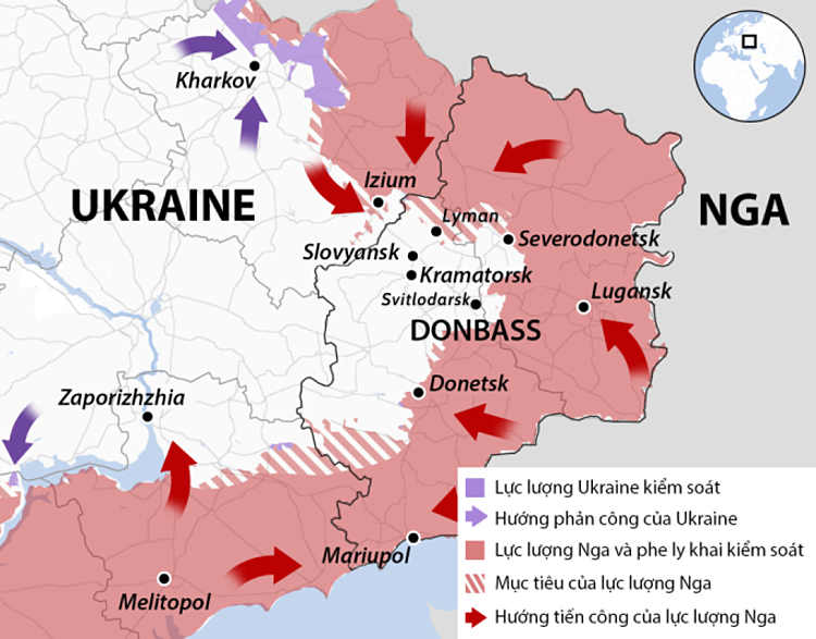 Vị trí thị trấn Svitlodarsk và thành phố Lyman ở miền đông Ukraine. Đồ họa: BBC.