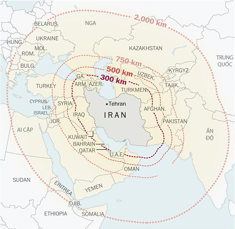 Tầm bắn của các loại tên lửa Iran đang sở hữu. Đồ họa: Washington Post