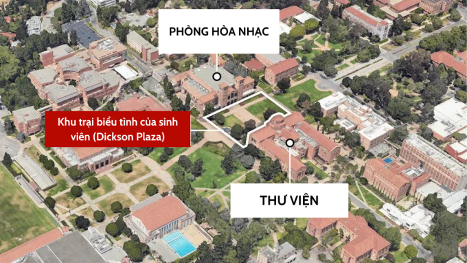 Vị trí sinh viên dựng lều trại biểu tình trong khuôn viên Đại học California (UCLA) ở Mỹ. Đồ họa: BBC