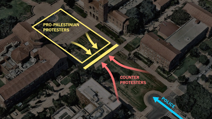 Khu trại sinh viên ở Dickson Plaza (vàng), nhóm phản biểu tình ủng hộ Israel (đỏ) và cảnh sát (xanh). Đồ họa: AP