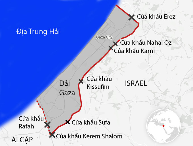 Vị trí cửa khẩu Rafah và Kerem Shalom. Đồ họa: datawrapper