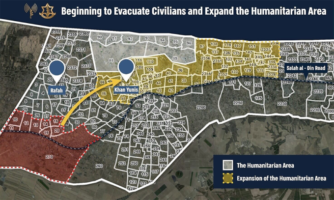 Bản đồ vùng yêu cầu sơ tán (màu đỏ) và vùng nhân đạo mở rộng (màu vàng) được quân đội Israel công bố ngày 6/5. Đồ họa: IDF