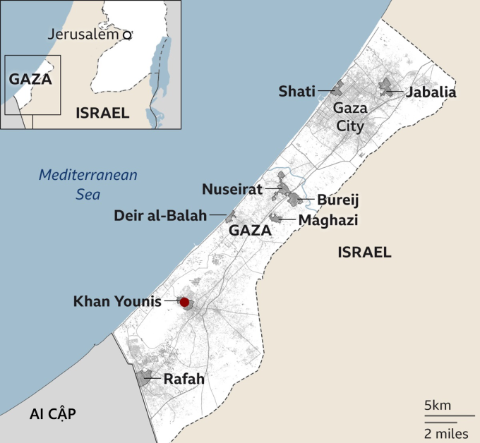 Vị trí các đô thị ở Dải Gaza. Đồ họa: BBC