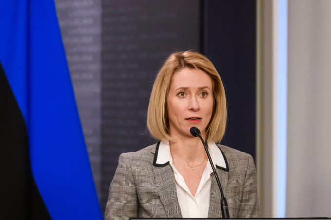Thủ tướng Estonia Kaja Kallas phát biểu tại Riga vào ngày 6/5 sau cuộc họp cùng lãnh đạo Đức, Litva và Latvia. Ảnh: AFP