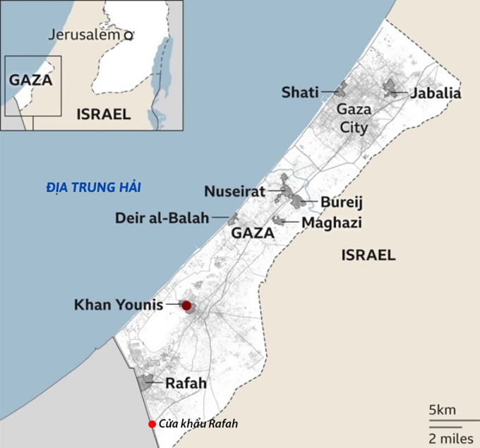 Vị trí thành phố Rafah và cửa khẩu cùng tên. Đồ họa: BBC