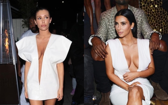 Kim Kardashian và Bianca Censori cùng mặc váy trắng xẻ ngực sâu, khiến nhiều người so sánh. Ảnh: Backgrid