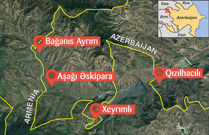 Vị trí các làng Baghanis Ayrim, Ashagi Askipara, Kheyrimli và Gizilhajili ở khu vực biên giới Azerbaijan và Armenia. Đồ họa: Top-center