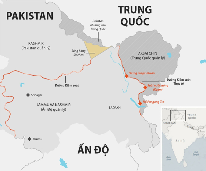 Khu vực ngã ba biên giới Ấn Độ - Pakistan - Trung Quốc. Đồ họa:Telegraph