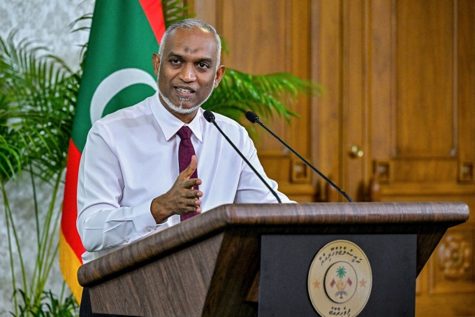 Tổng thống Maldives Mohamed Muizzu tại cuộc họp báo ở thủ đô Male ngày 3/5. Ảnh: AFP