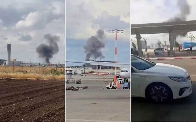 Smoke in the area of Ben Gurion Airport after a ballistic missile was fired at Israel from Yemen on May 4, 2025 (Screen grab from social media used in accordance with Clause 27a of the Copyright Law)