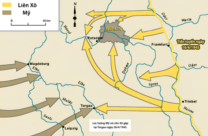Các mũi tiến công của Hồng quân Liên Xô trong chiến dịch công phá Berlin. Đồ họa: USHMM