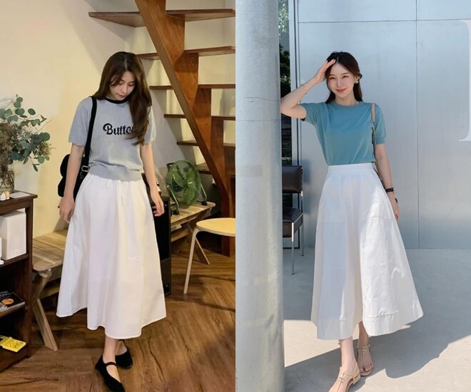 Váy midi dáng xòe giúp chỉnh sửa khéo léo phần eo, bụng và chân mà vẫn giữ được đường eo và hông. Dù vô cùng đơn giản và thanh lịch nhưng chiếc váy này có thể khiến chị em nổi bật giữa đám đông.