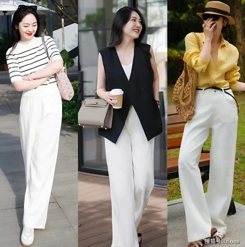 Những chiếc áo màu đen hoặc kẻ sọc đơn giản hoặc màu sáng nhưng không quá chói cũng sẽ kết hợp ăn ý hơn với quần trắng.