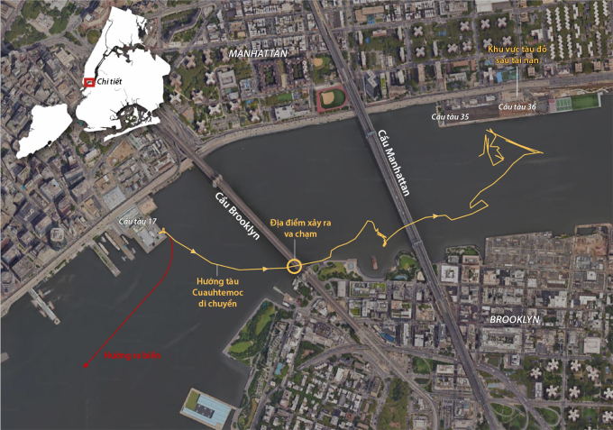 Hướng di chuyển của tàu Cuauhtemoc trước khi xảy ra va chạm. Đồ họa: CNN