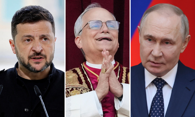 Tân Giáo hoàng Leo XIV (giữa) và Tổng thống Ukraine Volodymyr Zelensky (trái), Tổng thống Nga Vladimir Putin (phải). Ảnh: AFP