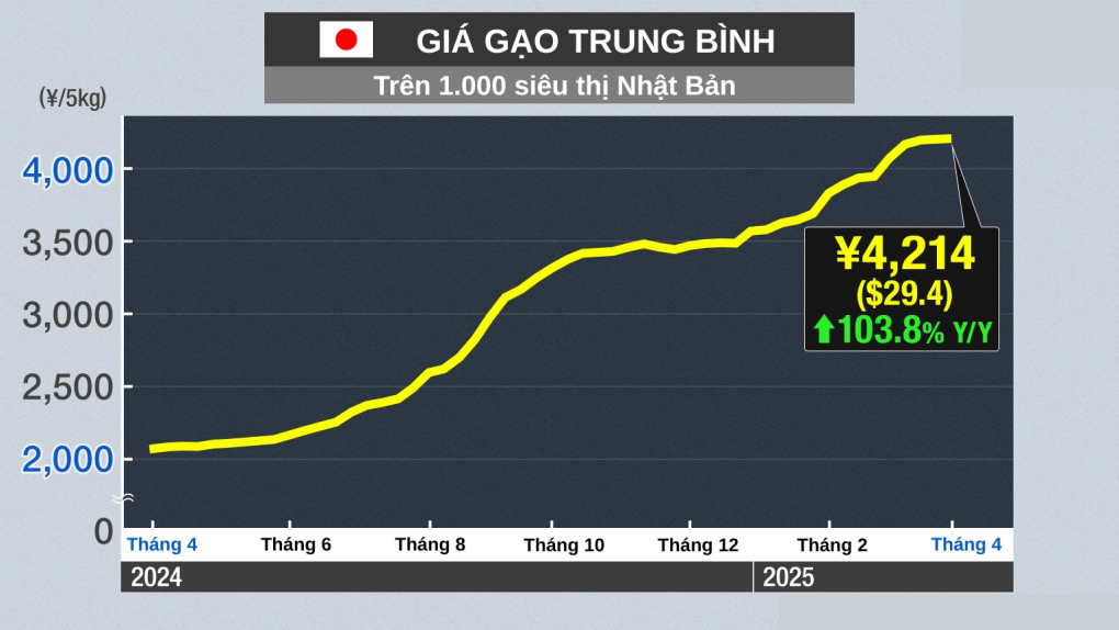 Biến động giá gạo ở Nhật trong một năm qua. Đồ họa: NHK