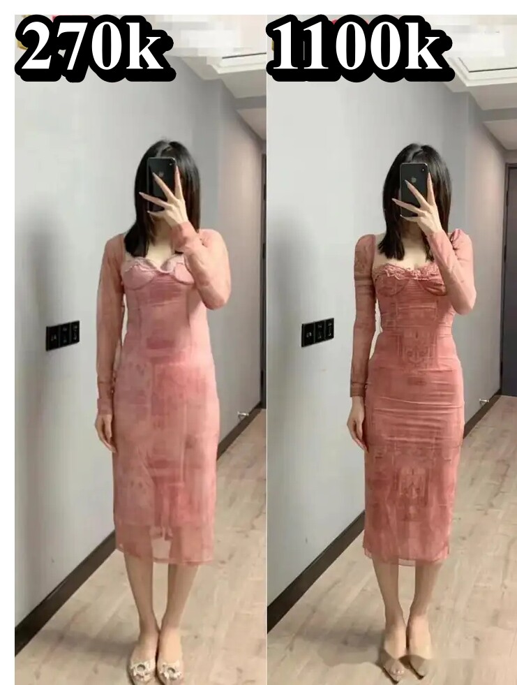 Chiếc váy giá rẻ, hàng nhái (bên trái) với thiết kế tay áo và eo quá rộng, thiếu đi cảm giác đường nét, trông cồng kềnh; trong khi chiếc váy giá cao, màu sắc, lớp lót, và sự kết nối giữa eo và hông đều rất hài hòa.