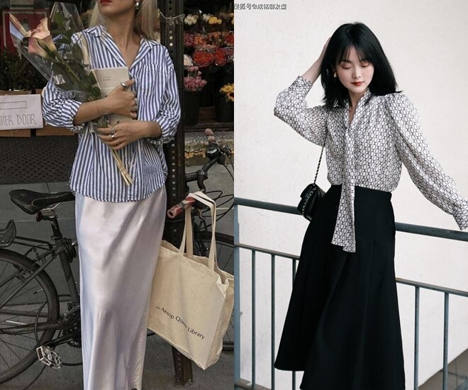 Những kiểu áo họa tiết khi phối cùng váy đơn sắc giúp chị em ghi điểm.