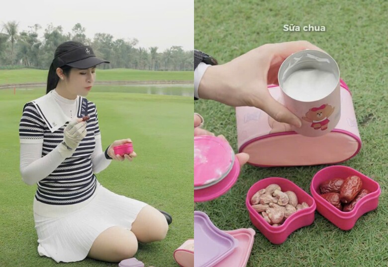 Sau một hoạt động ngoài trời, cô nạp thêm bữa phụ đơn giản gồm hạt điều, sữa chua và táo đỏ.