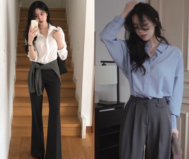 Quần âu kết hợp với áo sơ mi tạo nên tổng thể thanh lịch, phù hợp phụ nữ U40. Khi chọn chất liệu mềm và màu sắc nhẹ, outfit trông bớt cứng nhắc. Sơ vin gọn gàng giúp tôn dáng, mang lại vẻ ngoài chỉn chu và dễ ứng dụng trong nhiều hoàn cảnh.