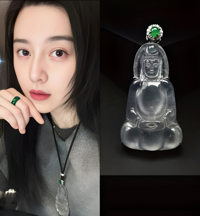 Băng Băng đeo sợi dây mặt ngọc Quan Âm. Trong văn hóa Trung Hoa, hình tượng Quan Âm tượng trưng cho bình an, phúc lành và sự thuận lợi trong công danh sự nghiệp.