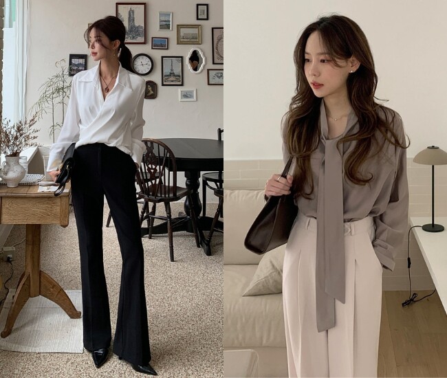 Áo blouse kết hợp với quần âu mang lại vẻ ngoài thanh lịch và chỉn chu. Sự mềm mại của blouse giúp outfit bớt cứng nhắc hơn. Khi sơ vin gọn gàng, tổng thể trở nên cân đối, phù hợp với môi trường công sở và nhiều hoàn cảnh khác nhau.