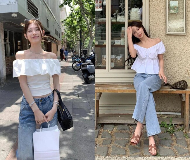 Áo trễ vai kết hợp với quần jeans mang lại vẻ ngoài trẻ trung và hiện đại. Sự mềm mại của áo giúp cân bằng nét năng động của denim. Đây là công thức dễ mặc, phù hợp cho đi chơi, dạo phố hoặc những ngày muốn outfit trông thoải mái nhưng vẫn có gu.