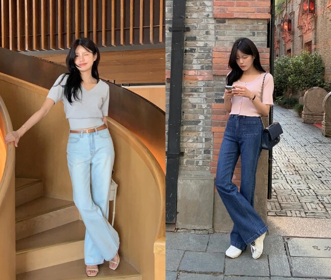 Quần jeans ống loe khi phối cùng áo cộc tay mang lại cảm giác trẻ trung và hiện đại hơn. Những kiểu áo ôm nhẹ hoặc croptop giúp tổng thể gọn gàng hơn rõ rệt. Đây là công thức dễ mặc, phù hợp cho đi chơi, dạo phố hoặc những ngày muốn outfit trông năng động hơn.