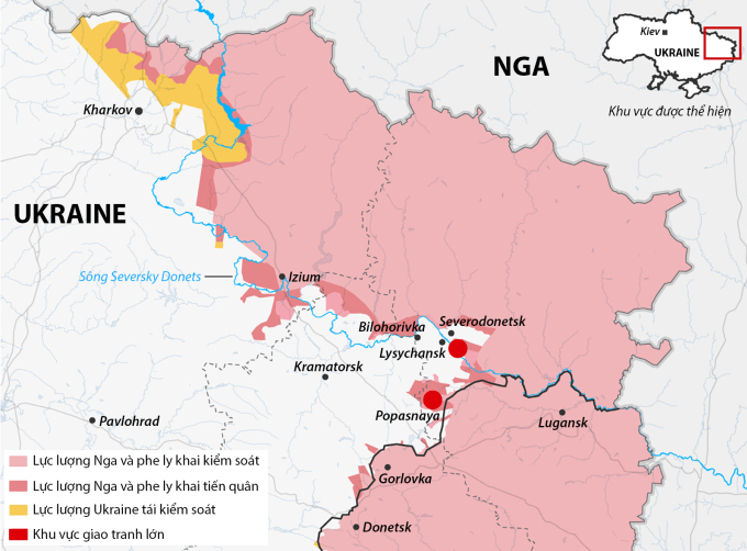 Đà tiến công của Nga ở đông Ukraine sau hơn ba tháng chiến sự. Đồ họa: Washington Post.