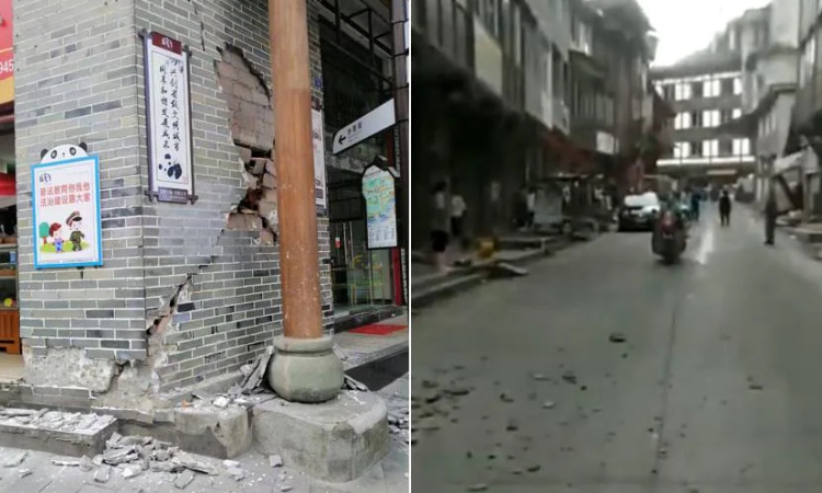 Các mảnh vỡ la liệt trên đường phố Tứ Xuyên, Trung Quốc, sau trận động đất kép hôm 1/6. Ảnh: Weibo.