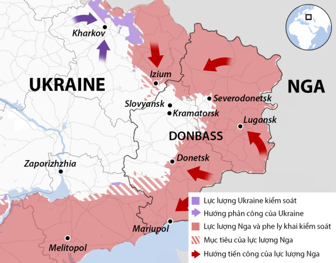 Hướng tiến quân chính của lực lượng Nga và Ukraine ở vùng Donbass sau hơn 90 ngày giao tranh. Đồ họa: BBC.