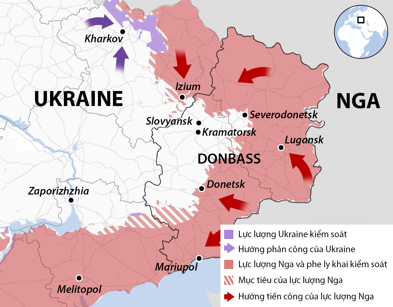 Hướng tiến quân chính của  Nga và Ukraine ở vùng Donbass sau hơn 90 ngày giao tranh. Đồ họa: BBC.