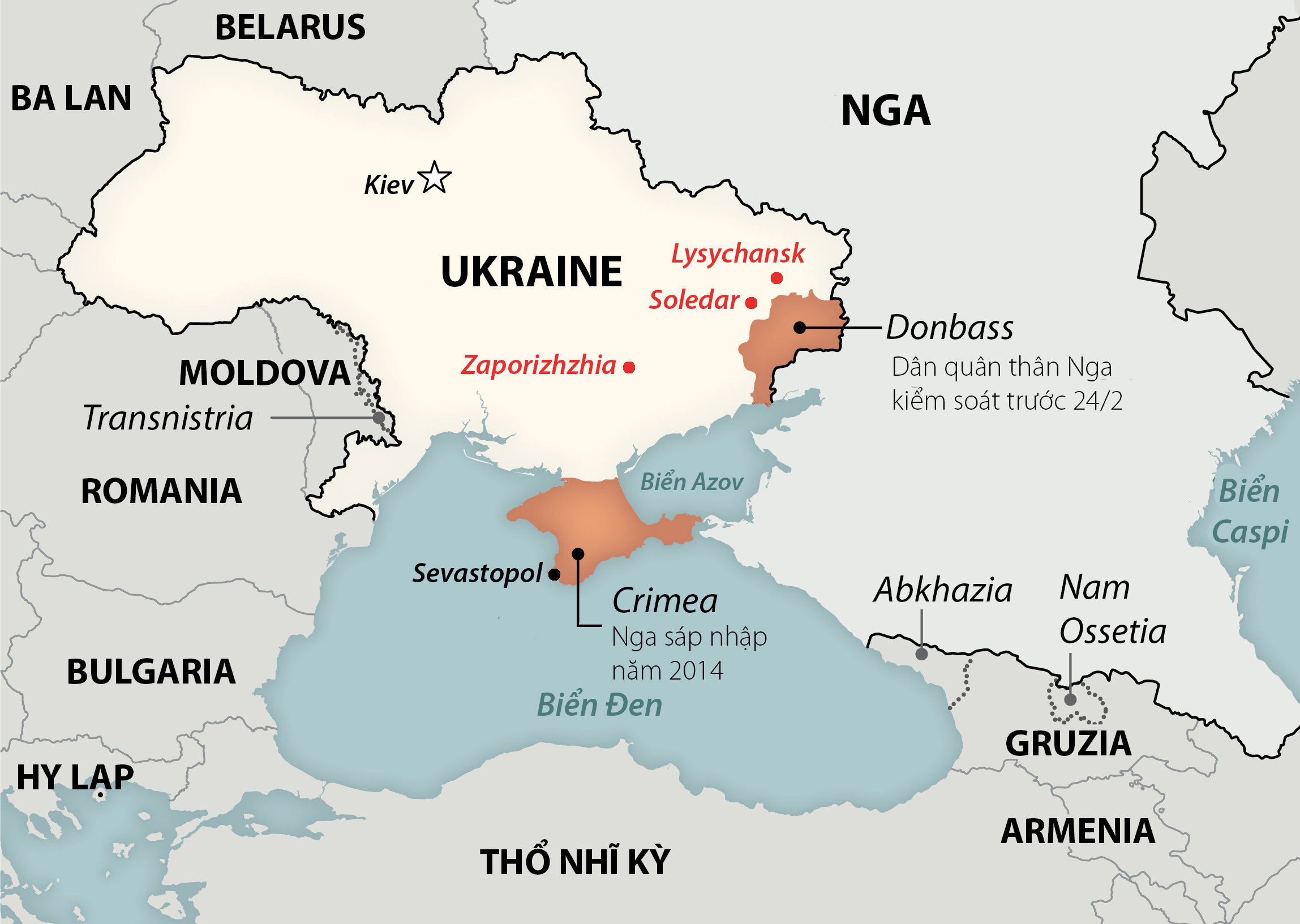 Vị trí các thành phố Lysychansk, Soledar và Zaporizhzhia. Đồ họa: Washington Post.