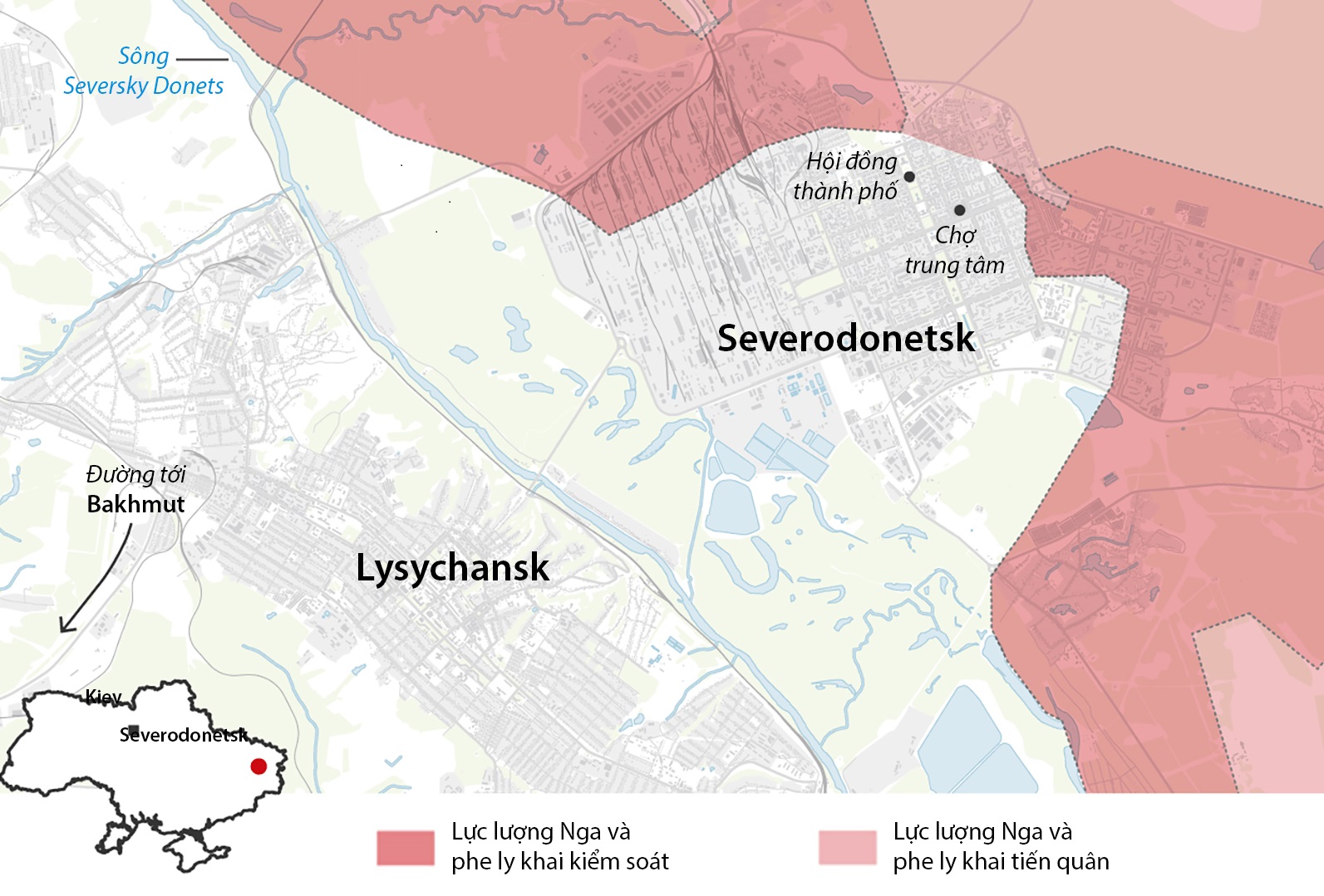 Lực lượng Nga vây ép Severodonetsk từ ba mặt. Đồ họa: Guardian. Bấm vào hình để xem chi tiết.