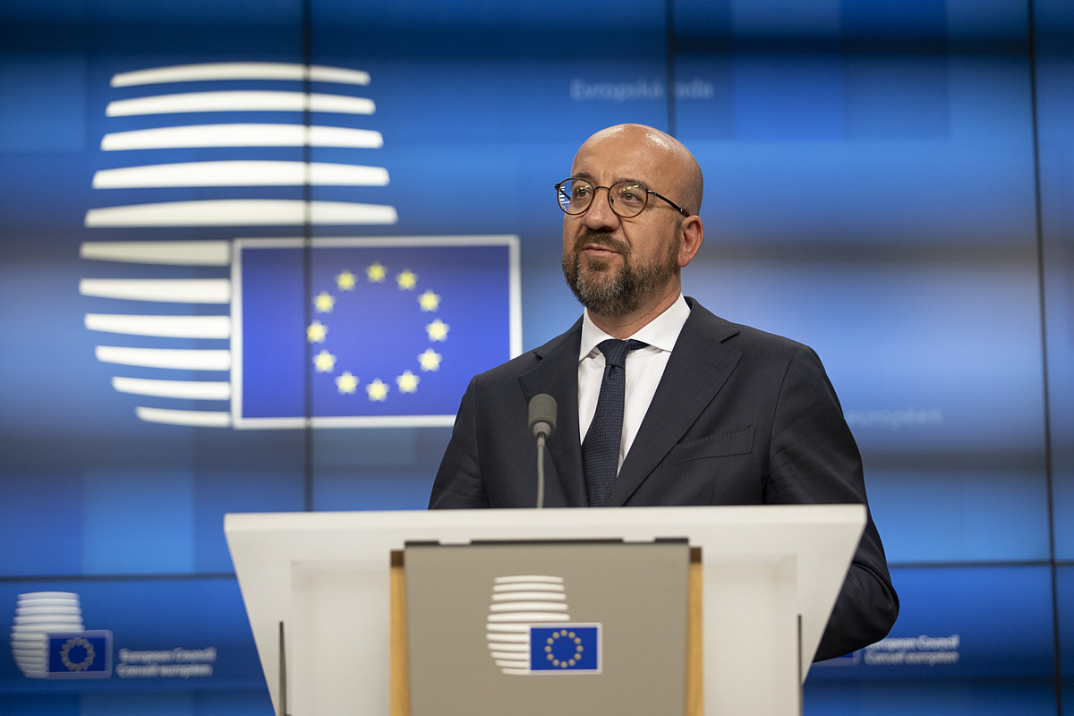 Chủ tịch Hội đồng châu Âu Charles Michel tại cuộc họp báo ở Brussels, Bỉ hôm 31/5. Ảnh: AFP.