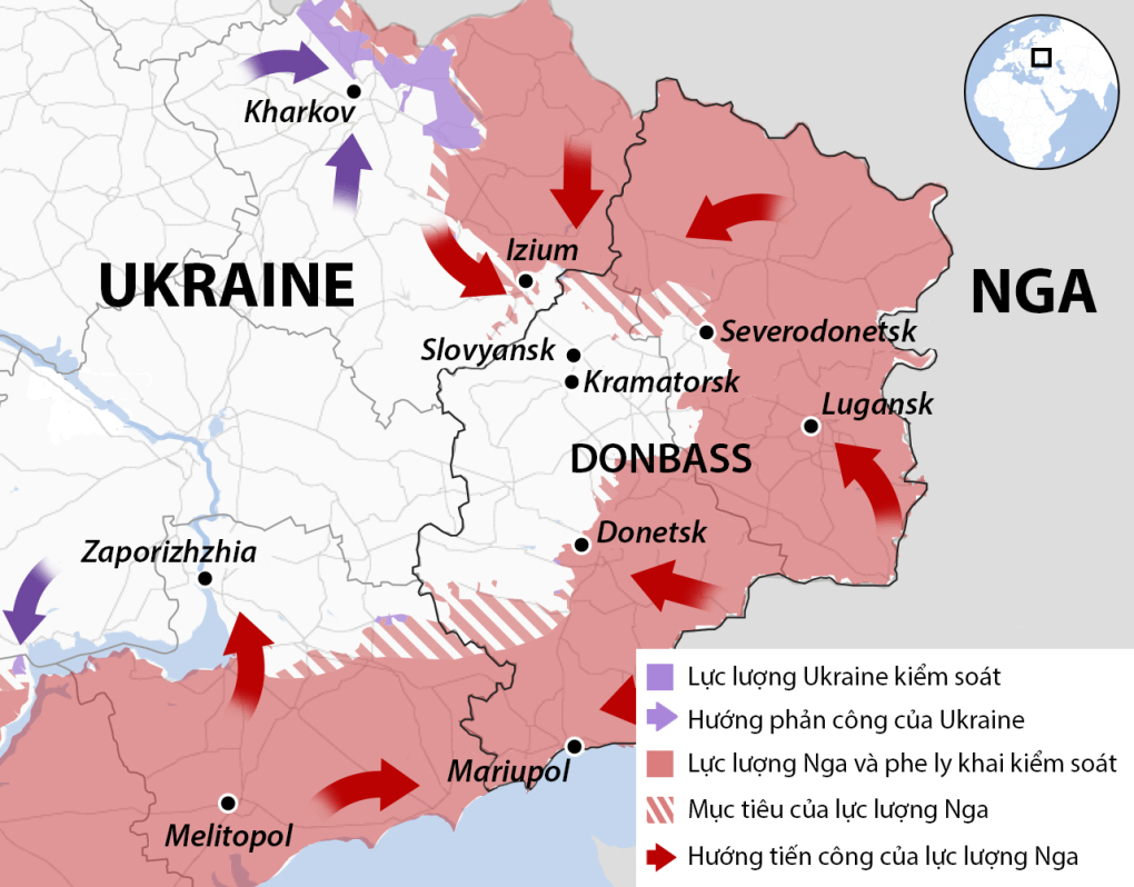 Vị trí thành phố Severodonetsk và khu vực miền đông Ukraine. Đồ họa: BBC.