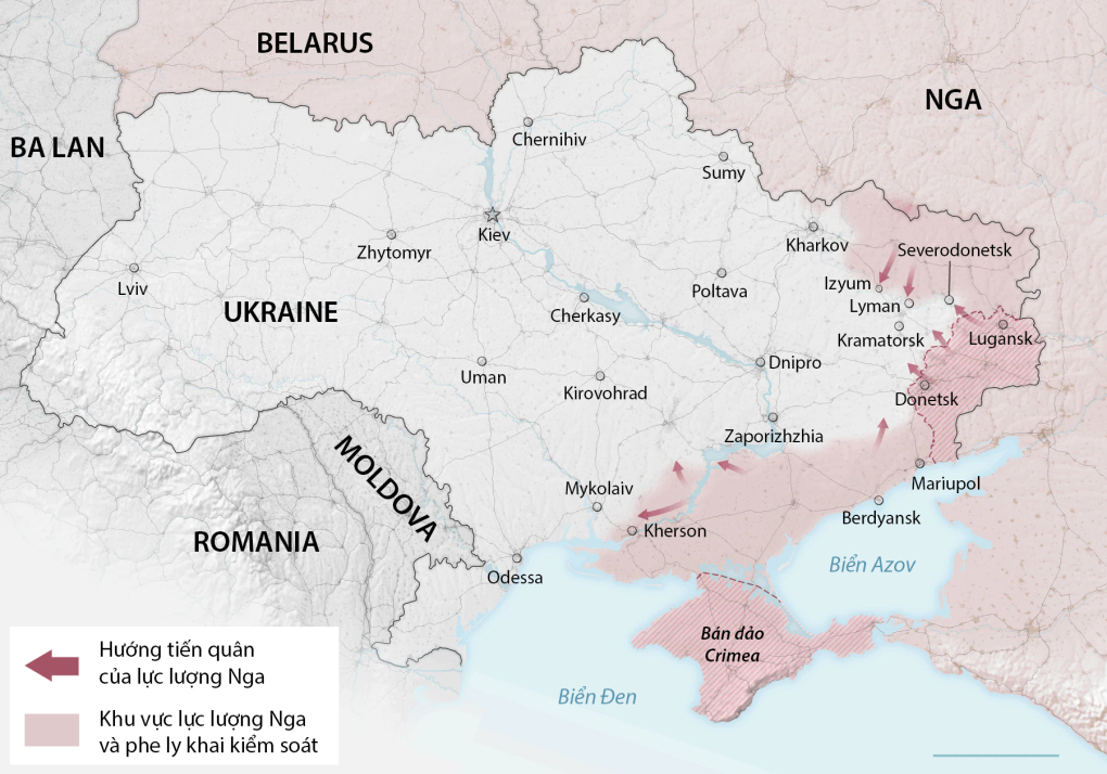 Các khu vực Nga kiểm soát tại Ukraine sau hơn ba tháng giao tranh. Hành lang trên bộ của Nga kéo dài từ khu vực Lugansk, Donetsk qua Mariupol, Berdiansk và Kherson tới Crimea. Đồ họa: Washington Post.