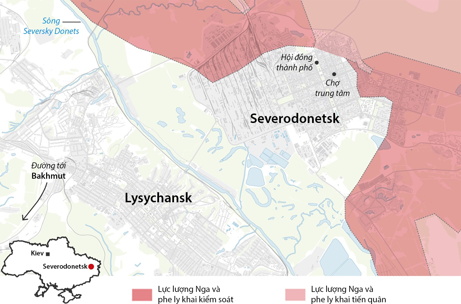 Lực lượng Nga vây ép quân đội Ukraine tại Severodonetsk từ ba mặt. Bấm vào hình để xem chi tiết.