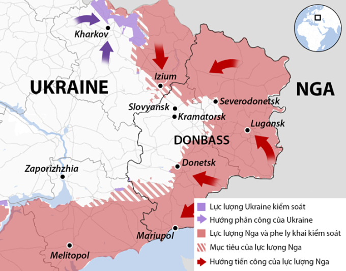 Diễn biến chiến sự miền đông Ukraine sau hơn 100 ngày. Đồ họa: BBC.