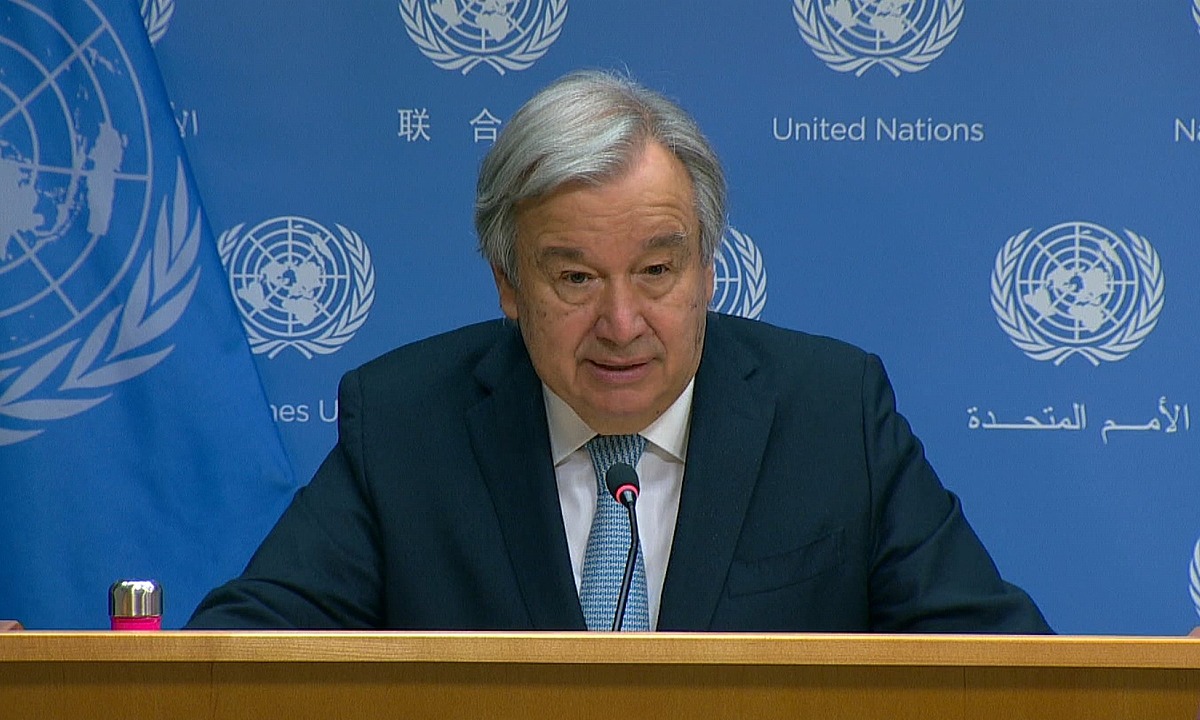 Tổng thư ký Antonio Guterres phát biểu trong buổi họp công bố báo cáo thứ hai của Liên Hợp Quốc tại New York ngày 8/6 về ảnh hưởng từ cuộc xung đột Nga - Ukraine. Ảnh: Liên Hợp Quốc